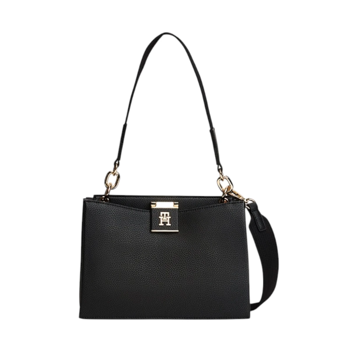 AW0AW17722-BDS-001 TOMMY HILFIGER TH HER MED SATCHEL ZENSKA TORBA CRNA STRUKTURIRANA RUCE RAMENI REMEN GOLD LOGO