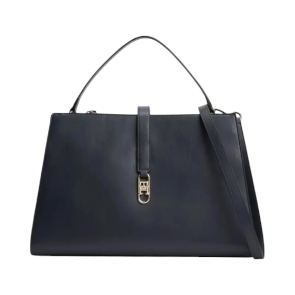 AW0AW17724-DW6 TOMMY HILFIGER TH LIBRE MED SATCHEL ZENSKA TORBA TAMNOPLAVA SPACE BLUE STRUKTURIRANA KRATKE RUCKE REMEN GOLD LOGO