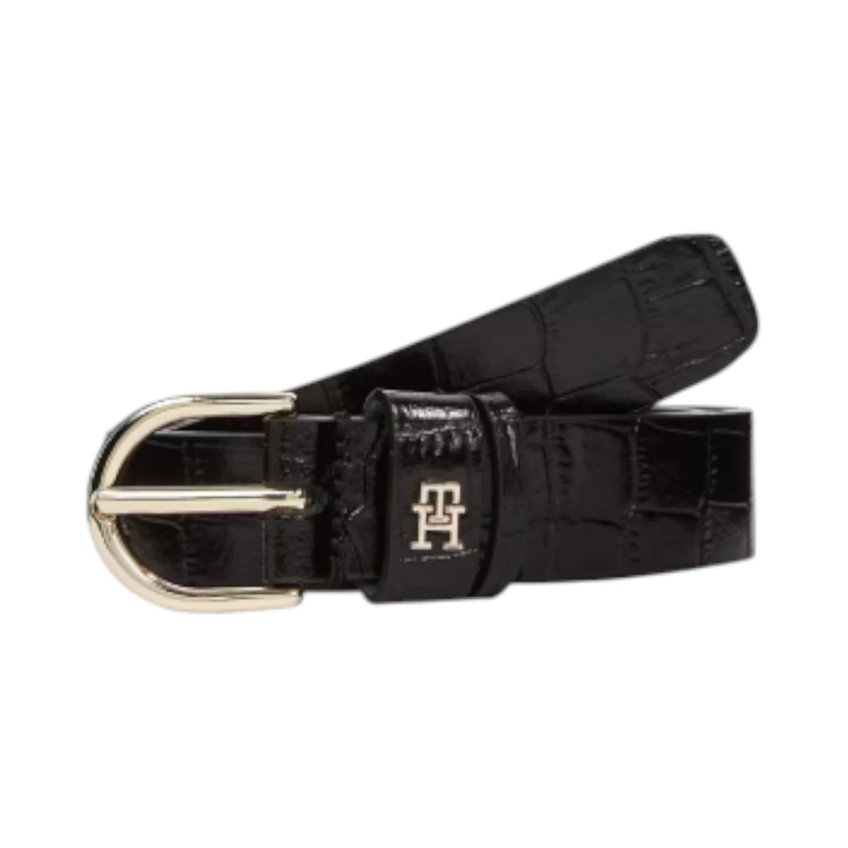 AW0AW17755-BDS TOMMY HILFIGER ESSENTIAL EFFORTLESS 25 CROC ZENSKI KOZNI REMEN CRNI TEKSTURA KROKODILSKE KOZE GOLD MONOGRAM KOPCA