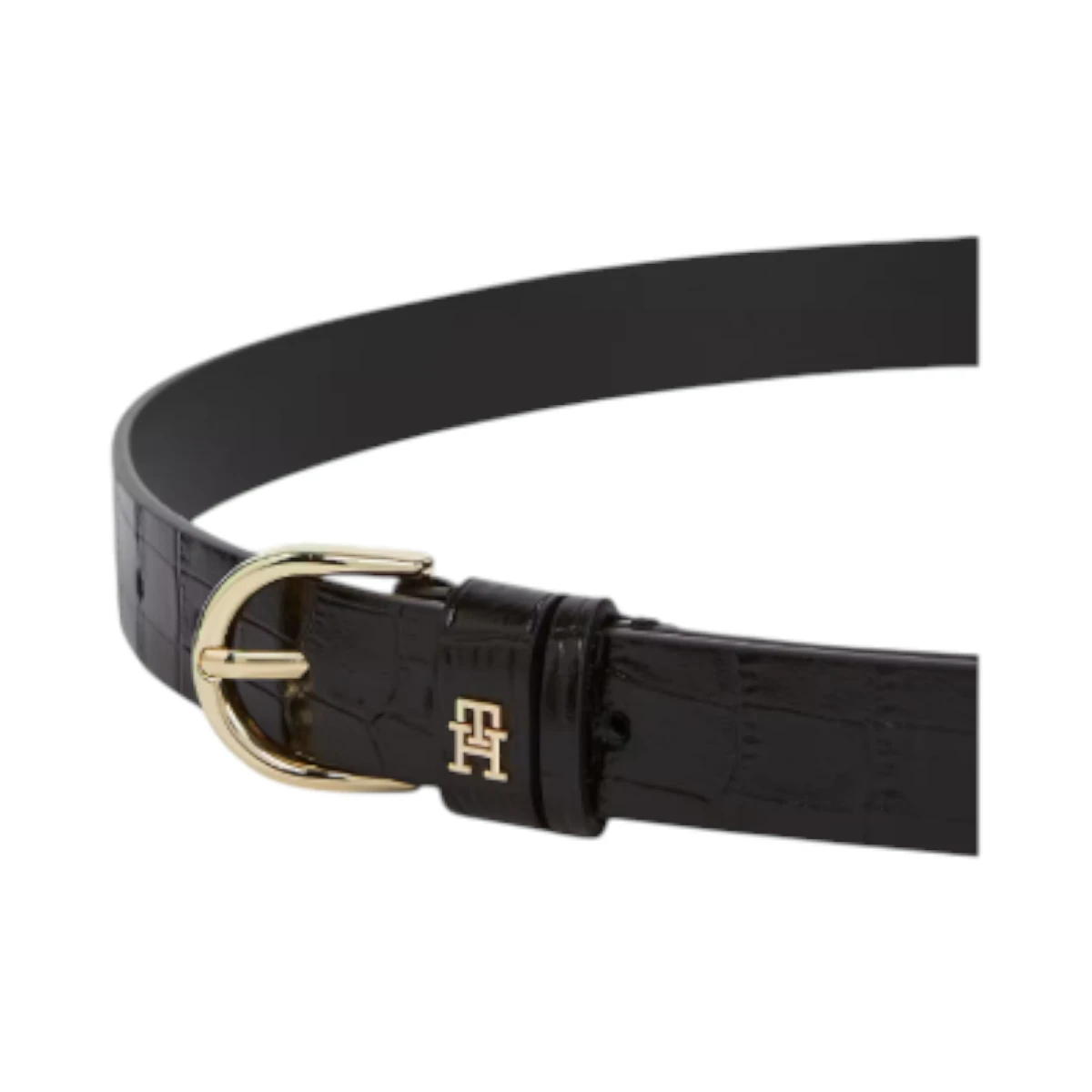 AW0AW17755-BDS TOMMY HILFIGER ESSENTIAL EFFORTLESS 25 CROC ZENSKI KOZNI REMEN CRNI TEKSTURA KROKODILSKE KOZE GOLD MONOGRAM KOPCA