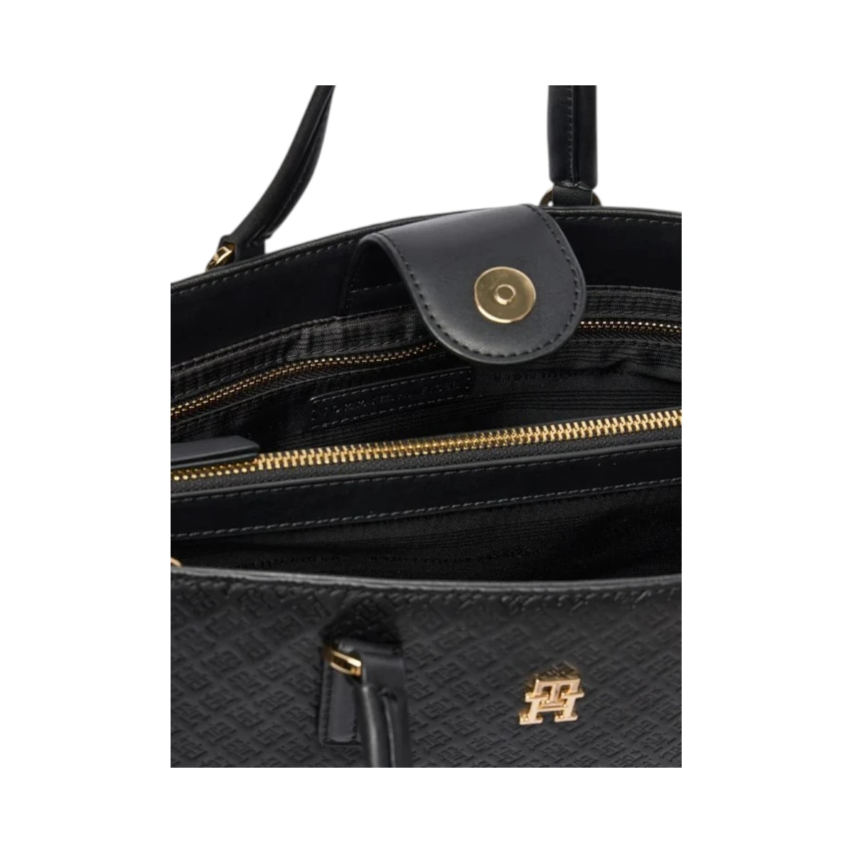 AW0AW18418-BDS TOMMY HILFIGER DAILY SATCHEL MONO ZENSKA TORBA CRNA UTISNUTI MONOGRAMI STRUKTURIRANA RUCE REMEN GOLD LOGO