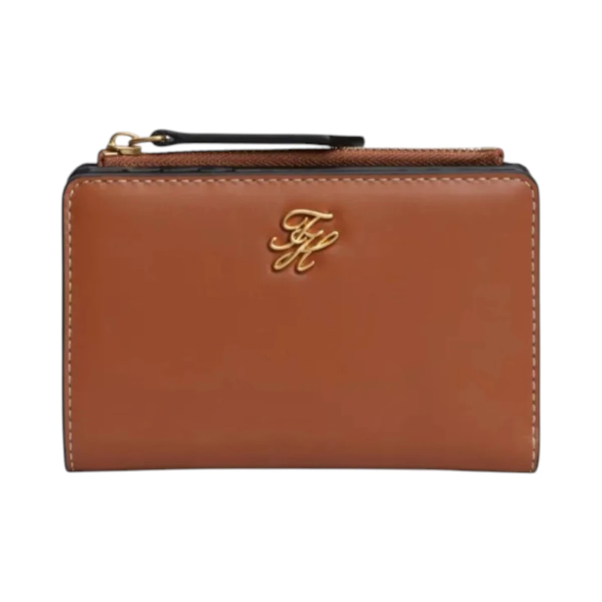 AW0AW18490-GB8 TOMMY HILFIGER SCRIPT LEATHER BIFOLD ZENSKI KOZNI NOVCANIK KONJAK COGNAC NA PREKLOP PRAVA KOZA GOLD SCRIPT LOGO