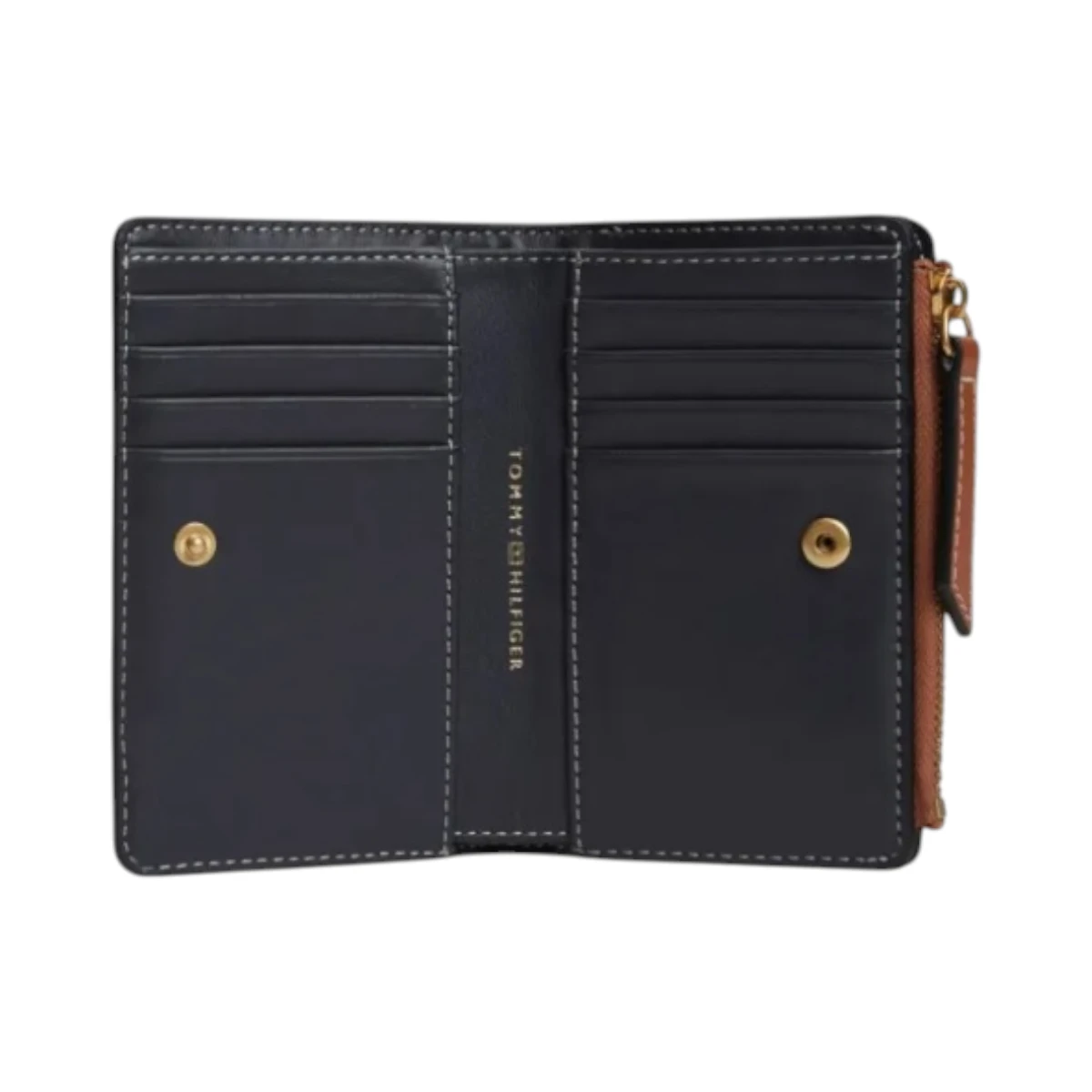 AW0AW18490-GB8 TOMMY HILFIGER SCRIPT LEATHER BIFOLD ZENSKI KOZNI NOVCANIK KONJAK COGNAC NA PREKLOP PRAVA KOZA GOLD SCRIPT LOGO