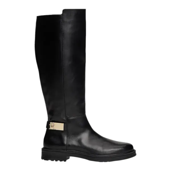 Tommy Hilfiger Ženske Kožne Visoke Čizme TH Logo Leather Long Boot Black